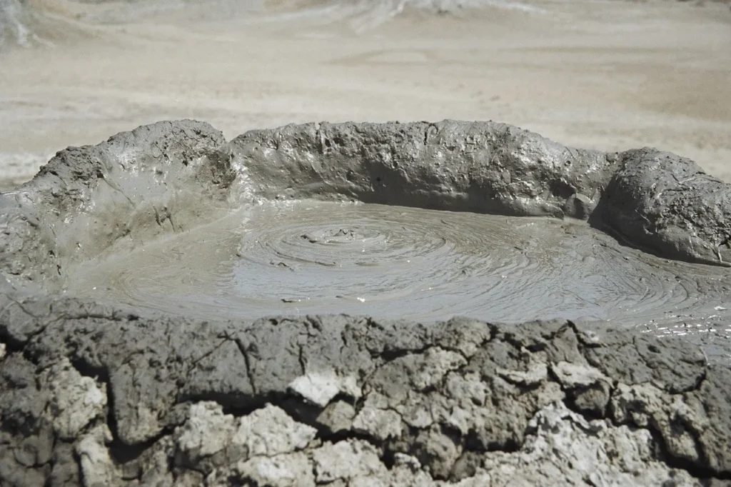 Active mud volcano bubbling in Gobustan near Baku
