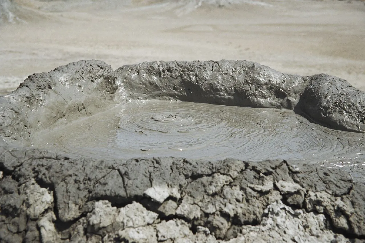 Active mud volcano bubbling in Gobustan near Baku