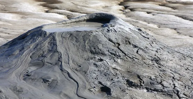 Close view of a mud volcano crater in Gobustan, Azerbaijan