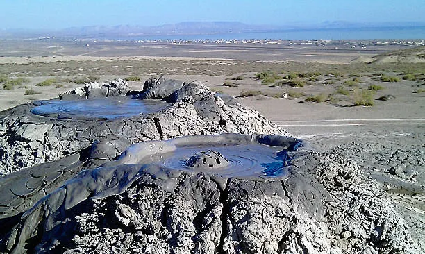 Mud volcano field and semi-desert landscape in Gobustan