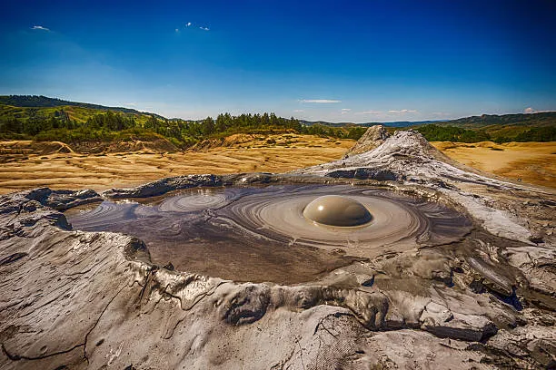Panoramic view of the Gobustan mud volcanoes in Azerbaijan