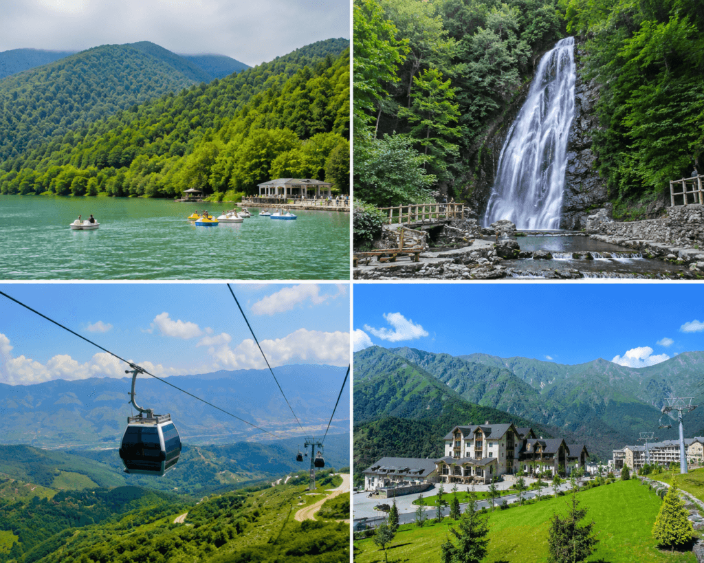 Gabala mountains, Nohur Lake, waterfall and cable car in Azerbaijan
