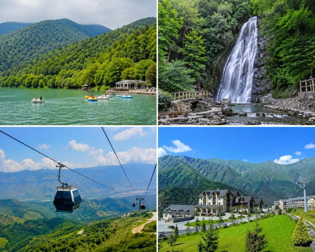 Gabala mountains, Nohur Lake, waterfall and cable car in Azerbaijan