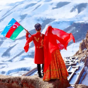 Alinja Castle and snowy mountains in the Nakhchivan Autonomous Republic, Azerbaijan