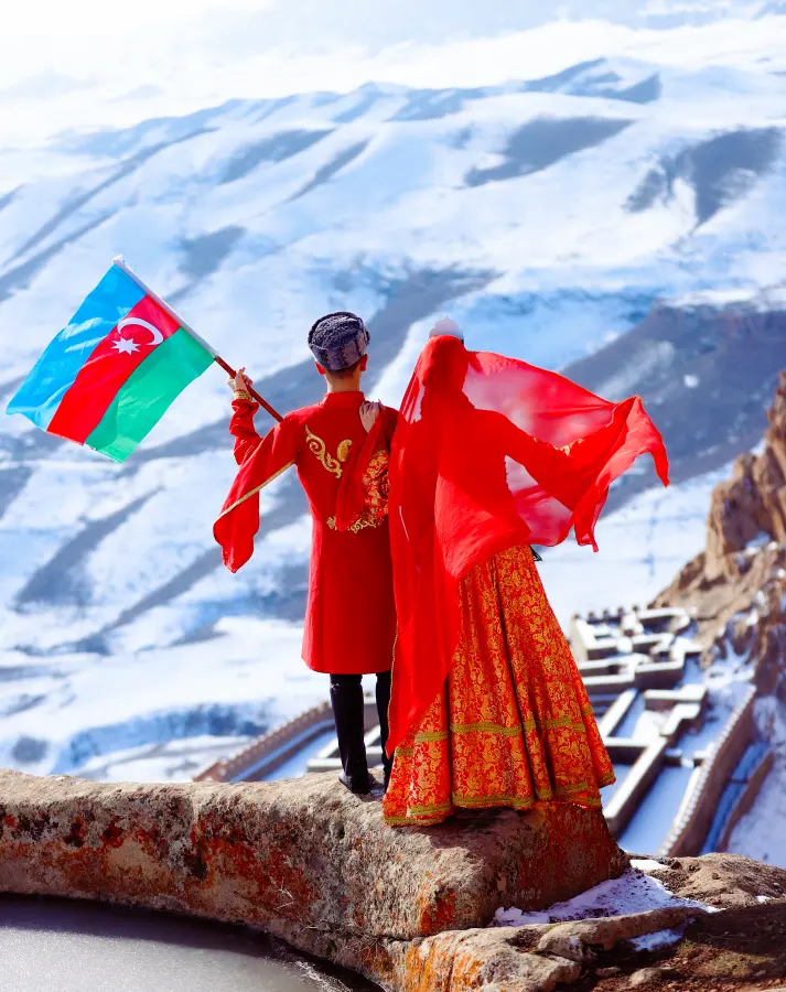 Alinja Castle and snowy mountains in the Nakhchivan Autonomous Republic, Azerbaijan