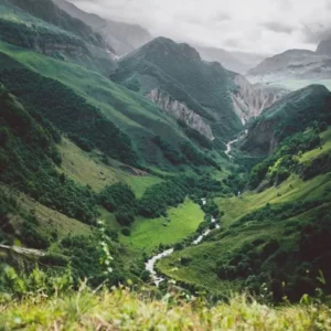 Mountain highlands and green valley near Gabala, Azerbaijan