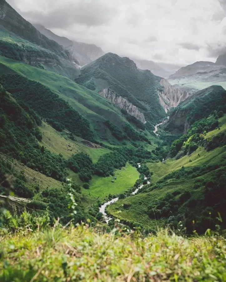 Mountain highlands and green valley near Gabala, Azerbaijan