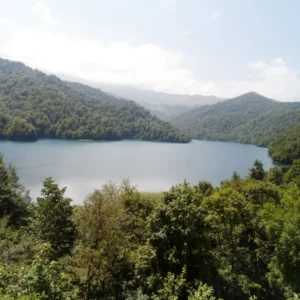 Lake Goygol surrounded by dense mountain forests in Goygol National Park, Azerbaijan