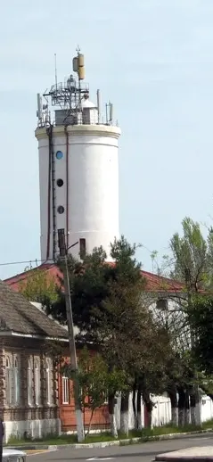 Historic Lankaran Lighthouse and traditional street in Lankaran, Azerbaijan