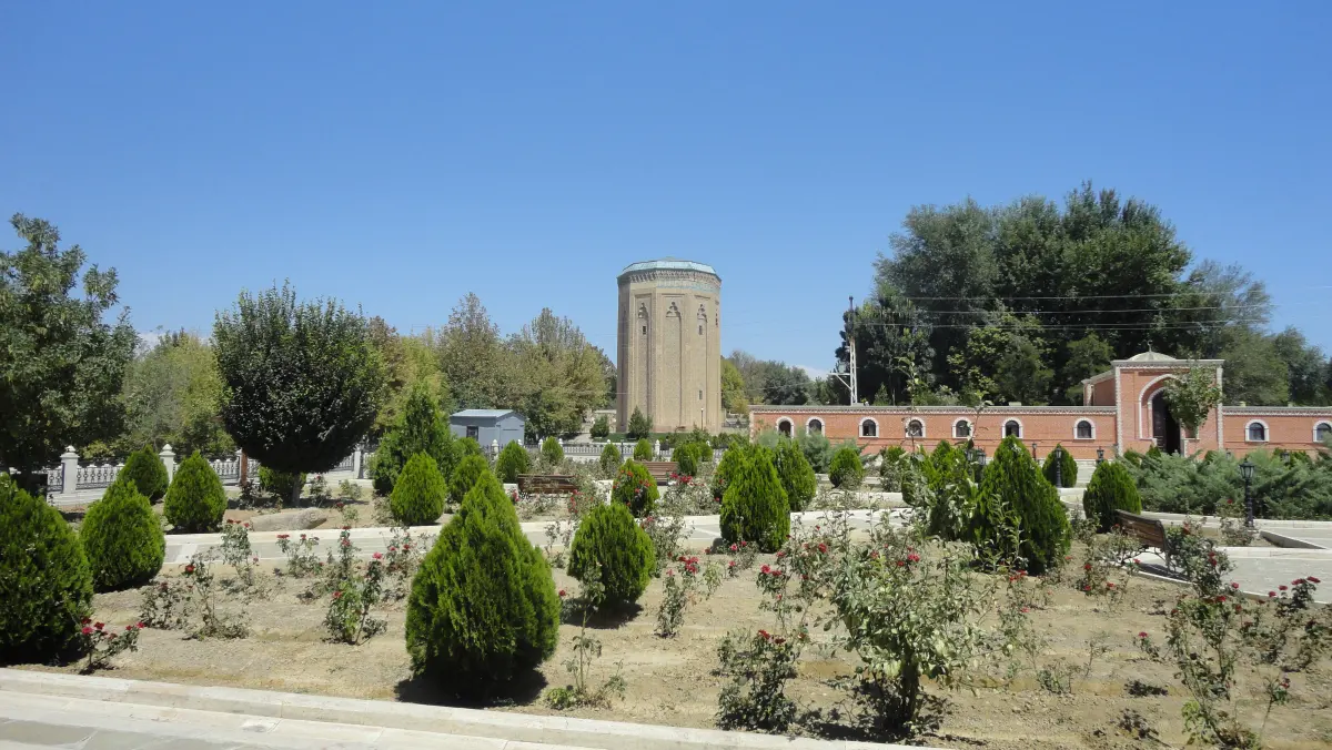 Nakhchivan Khan Palace garden with Momine Khatun Mausoleum in the background